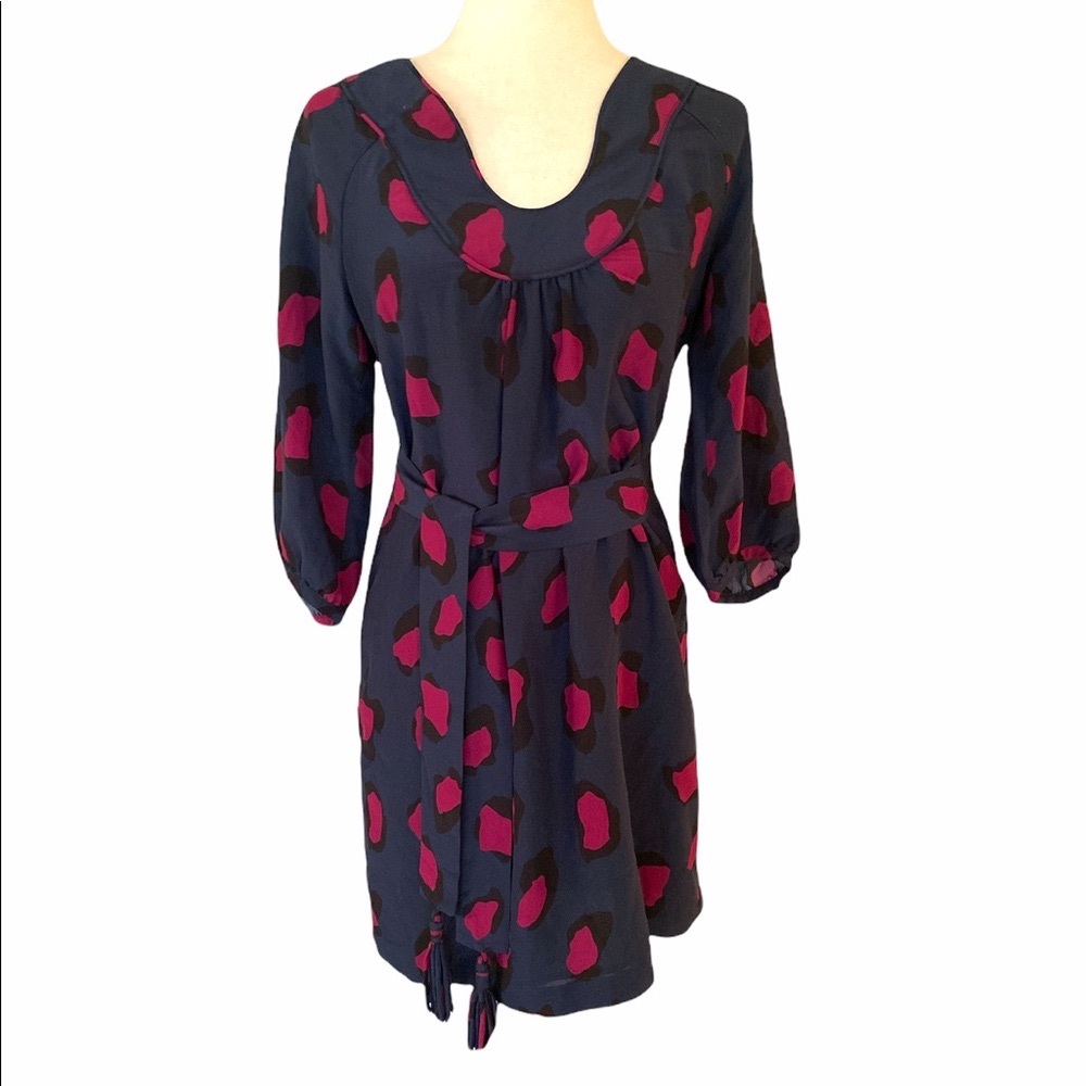 Annie Griffin Silk Navy Blue Pink Animal Print Tunic Dress w/ Sash - M
